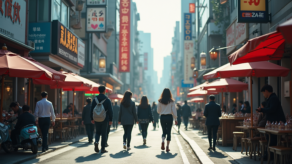 High angle view of a bustling urban street in South Korea, a hub of beauty trends