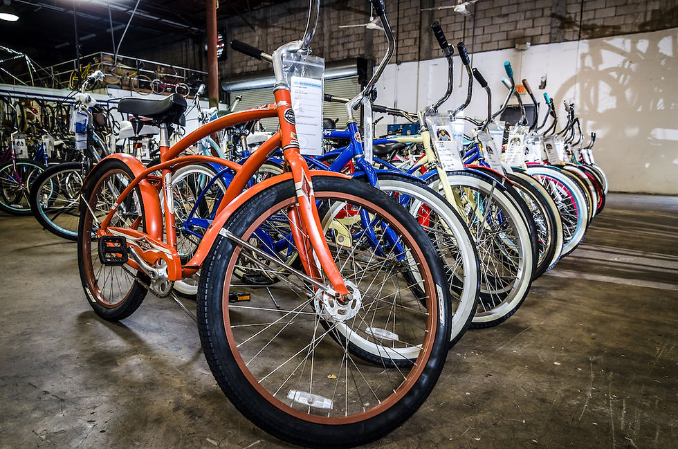 Image of rows of bikes inside Jack the Bike Man's warehouse