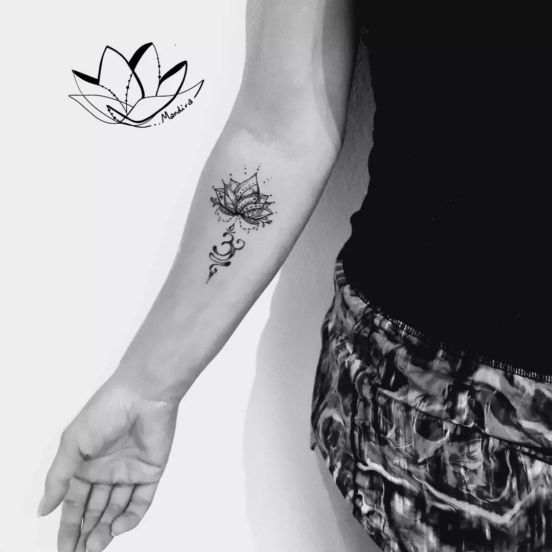 Custom lotus & breathe symbol inner forearm tattoo by Mandira
