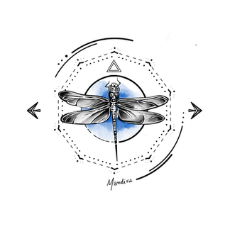 Dragonfly mandala by Mandira. Black and grey dragonfly over a blue circle combined with a triangle, arrows and mandala elements.