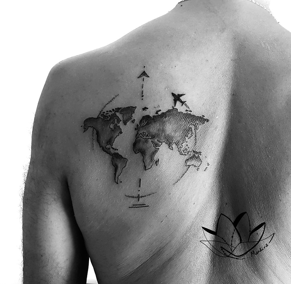 World map with airplane black tattoo work on shoulder blade by Mandira