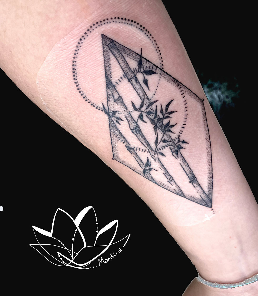 Bamboo in rhombus, dotting elements, black tattoo, and placed in the inner forearm, design by Mandira
