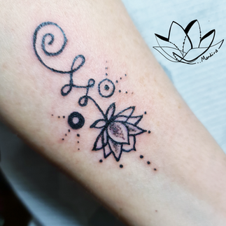 Custom Lotus and unalome tattoo, inner forearm by Mandira