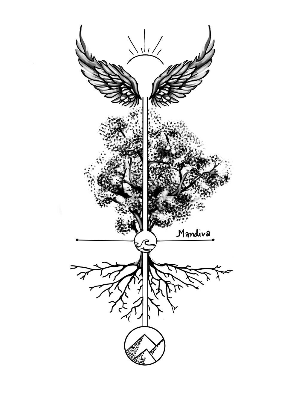 A tree of life design with angel wings and sun rays on the rop. In the middle of the design a wave in a circle and under the roots mountains in a circle.