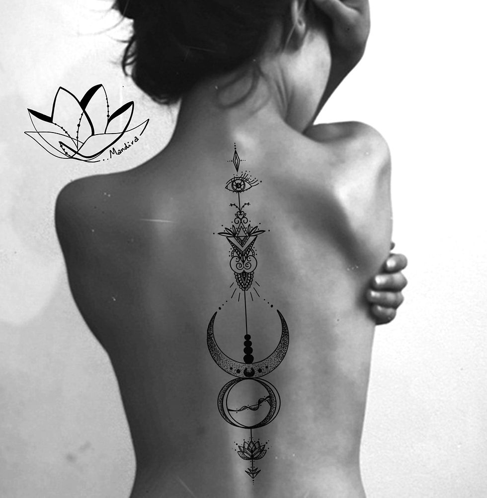 Back of woman with mandala tattoo design elements eye, ornamental, a crescent moon, a lotus, a small arrow in the base of the spine, dotting, mandira tattoo logo on the upper left