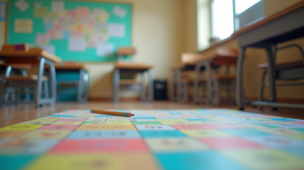 Eye-level view of colorful classroom with English learning materials