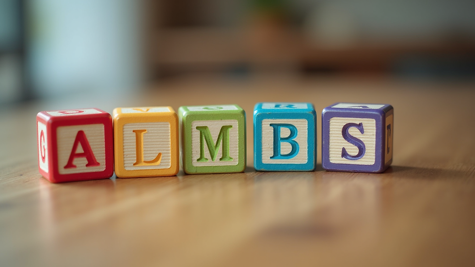 Close-up view of colorful English alphabet blocks arranged on a wooden table