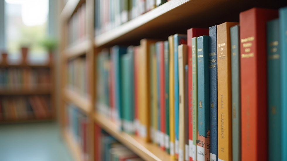 Eye-level view of colorful children’s books on a classroom shelf