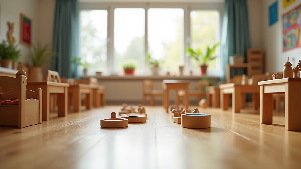 Eye-level view of a Montessori classroom with child-friendly learning materials arranged neatly