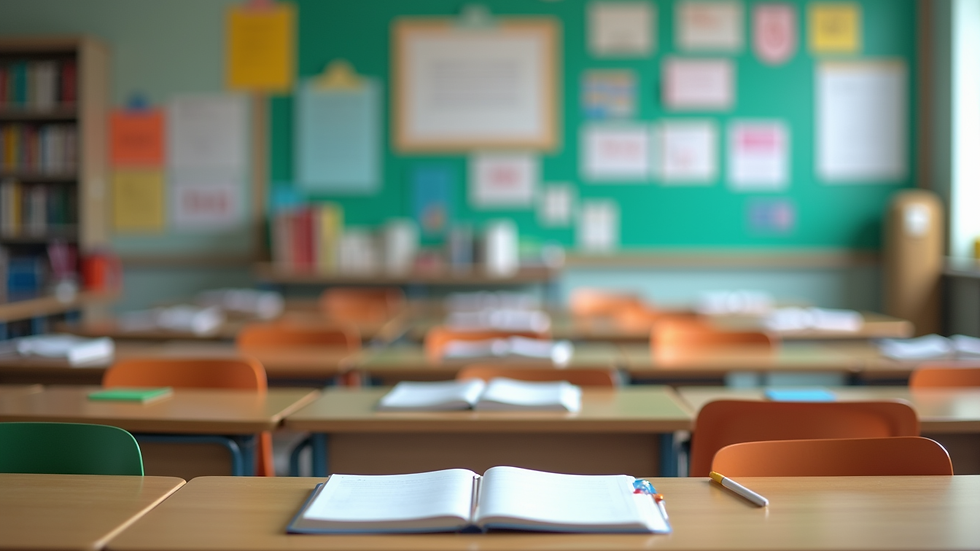 Eye-level view of colorful classroom with English learning materials