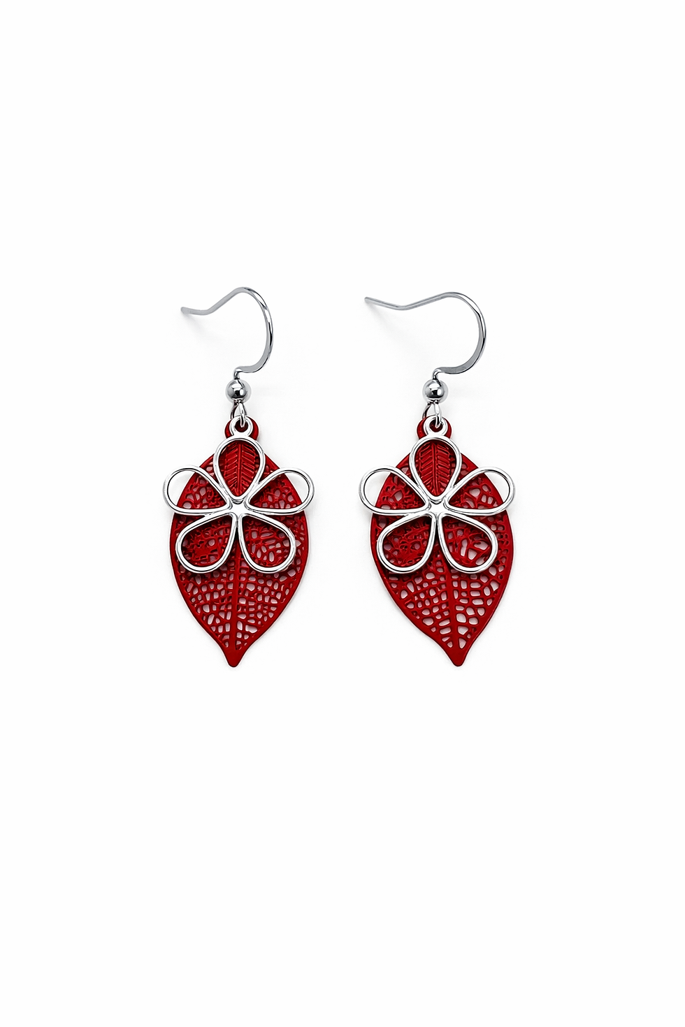 Miniature : boucles d'oreilles Floréa rouges feuilles ajourées acier inoxydable