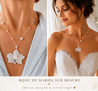Collier de mariée sur mesure avec fleur blanche, bijou artisanal personnalisé pour mariage, création Les Fantaisies de Jaja.