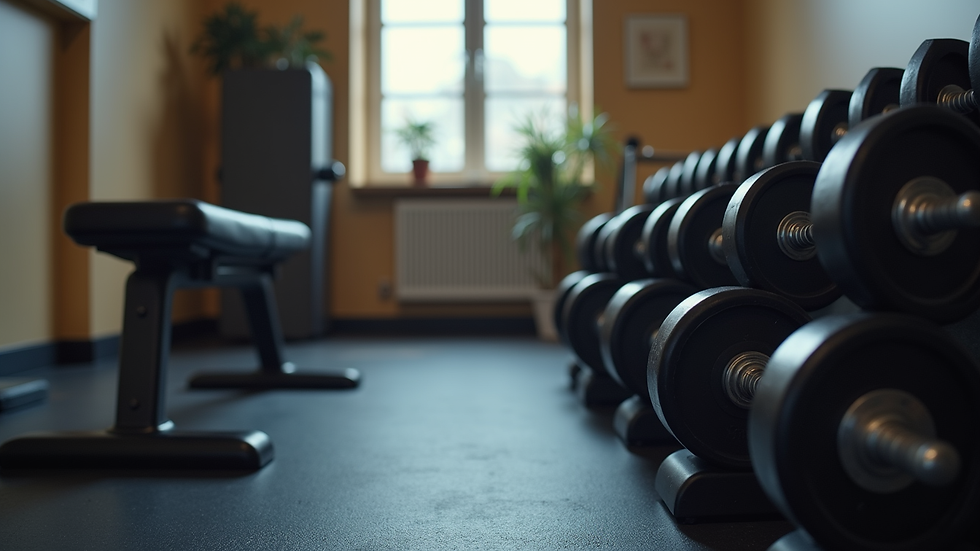 Eye-level view of compact home gym setup with adjustable dumbbells and bench