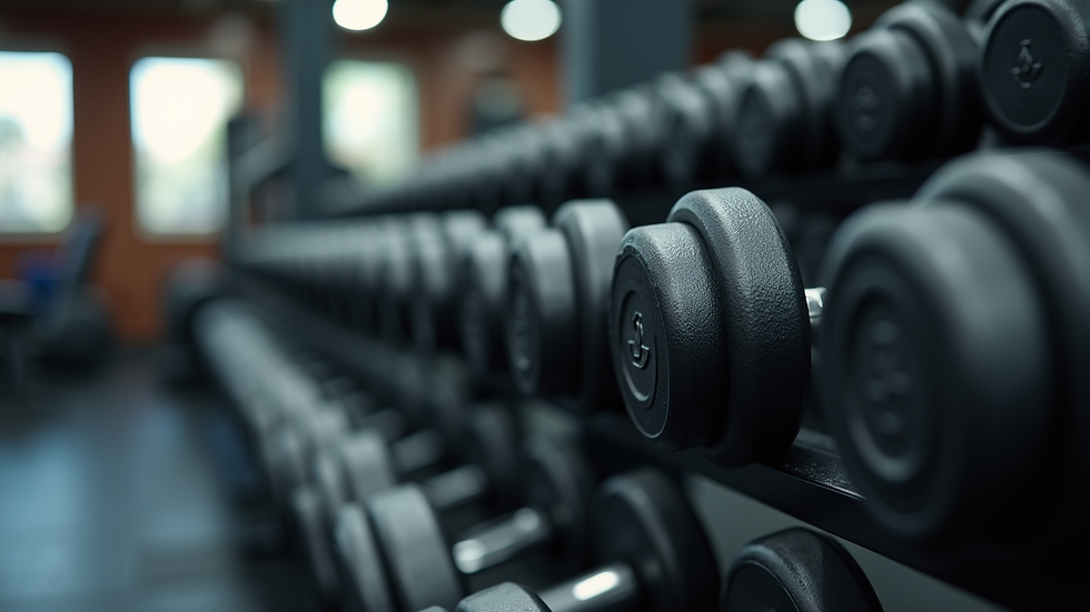 Close-up view of adjustable dumbbells on a rack in a home gym