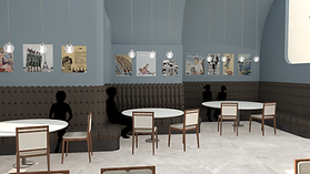 3D Interior with table and chair. Banquette and blue walls