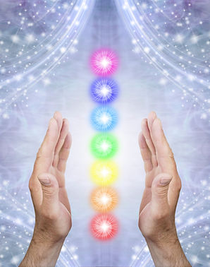 Sensing Seven Chakras and Sending Healing - Male parallel hands with 7 rainbow coloured en