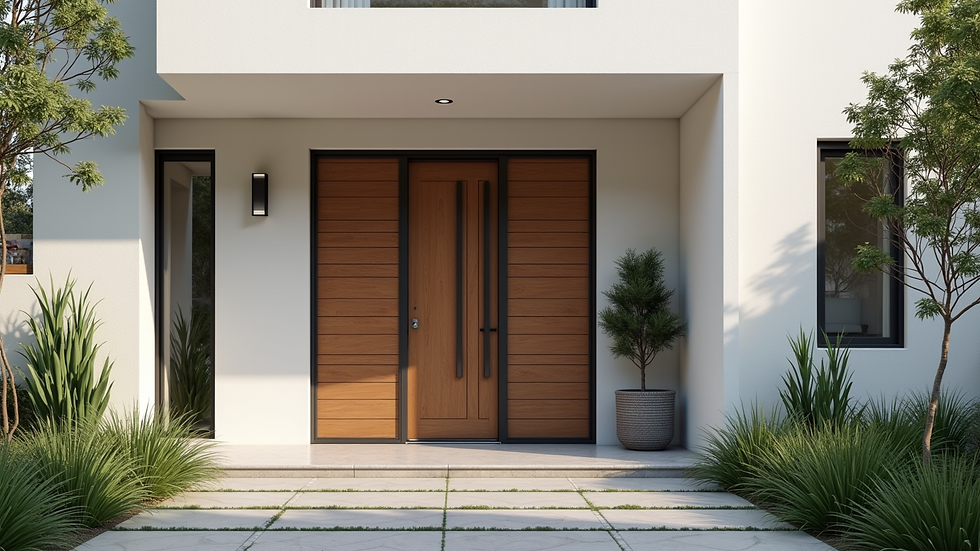 Eye-level view de entrada de casa com porta chaves moderno e decoração minimalista