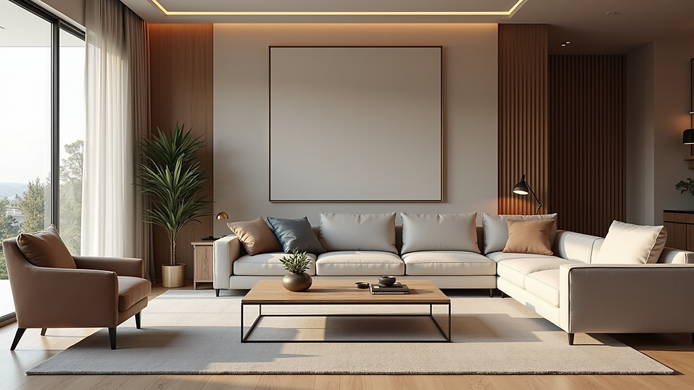 Eye-level view of a modern living room with elegant furniture and soft lighting