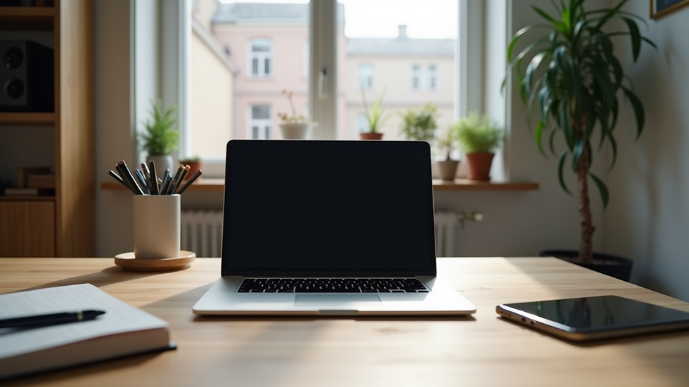 Eye-level view of a modern home office setup with a laptop and notebook