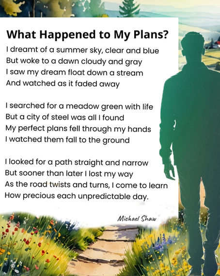 Short poem titled “What Happened to My Plans?”, illustrated and displayed on a soft watercolor landscape with a winding path through wildflowers, distant hills, and the silhouette of a person walking forward