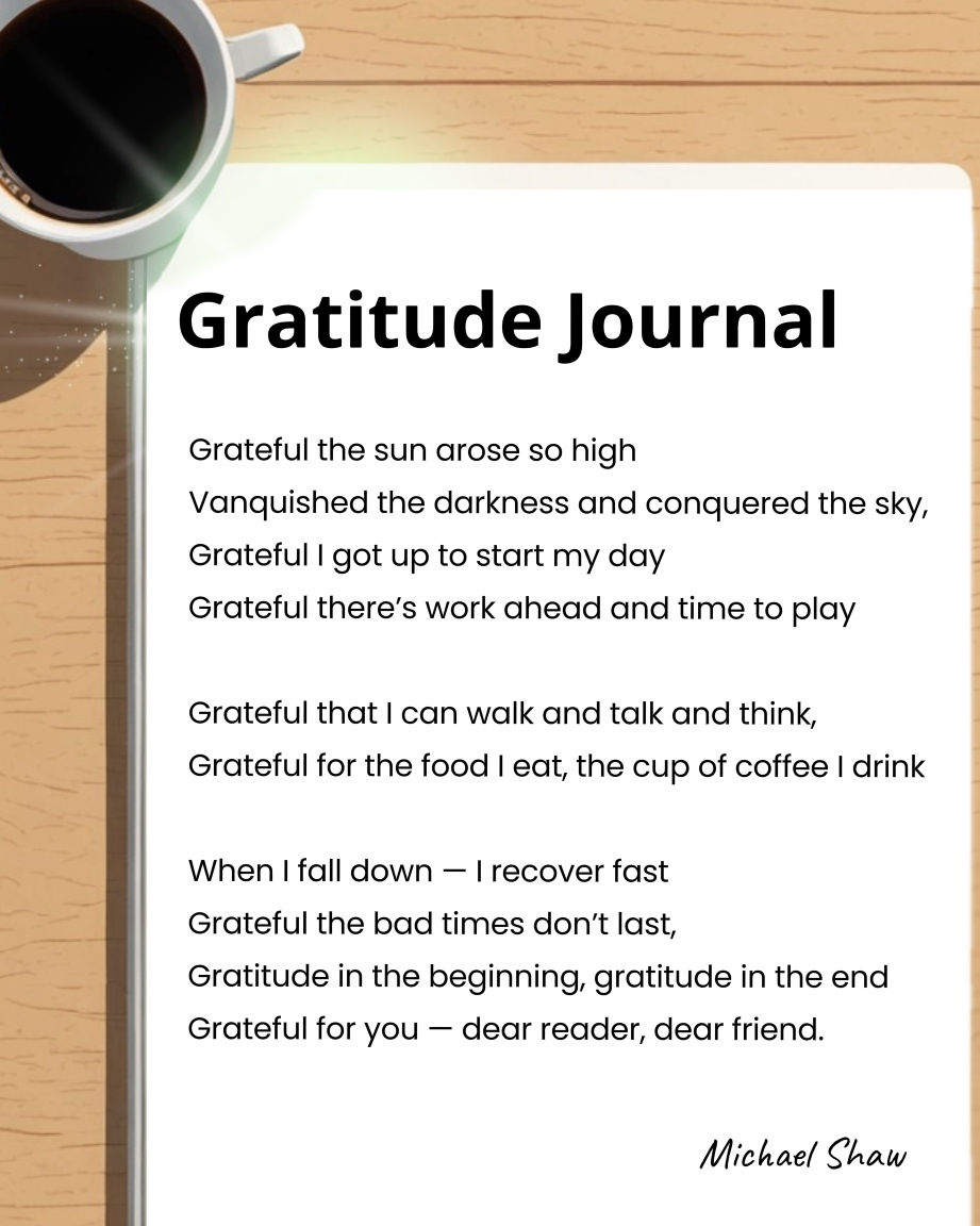 Short poem titled “Gratitude Journal” displayed on a notepad beside a cup of coffee on a wooden desk