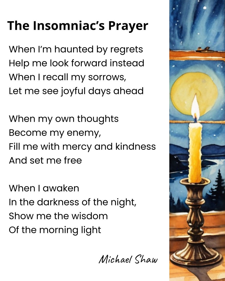 Illustration of a candle burning by a window at night, beside a poem about sleeplessness, anxious thoughts, and morning hope.