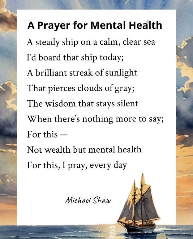 hort  poem titled “A Prayer for Mental Health,” displayed over a calm ocean scene with a sailboat at sunset. Part of a collection of mental health poems focused on peace of mind, emotional clarity, and spiritual healing.
