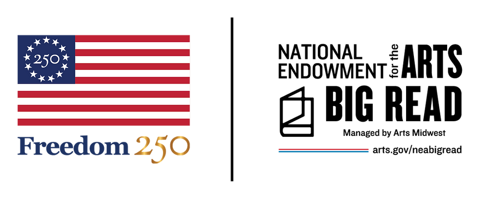 American flag with 250 anniversary emblem along side black and white text logo for National Endowment of the Arts Big Read