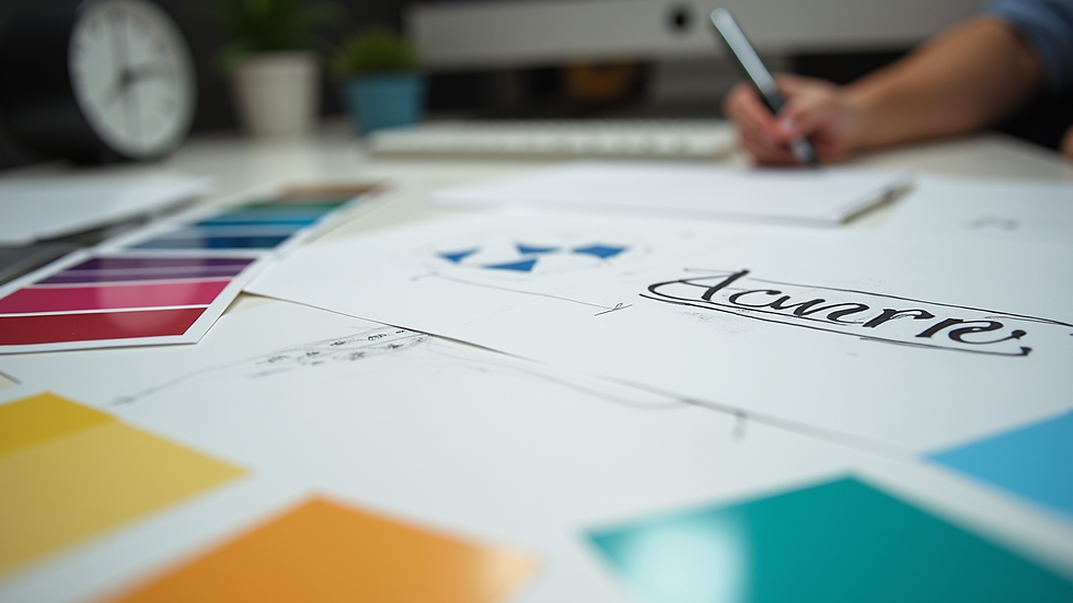 Close-up of a designer’s desk with color swatches and logo sketches