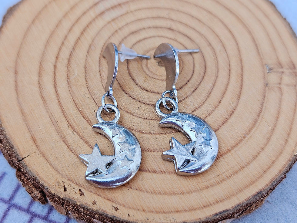 Thumbnail: Stainless steel moon & star dangle earrings 