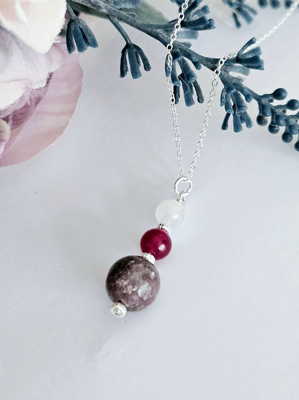 Thumbnail: Lepidolite, fuchsia jade & rose quartz pendant necklace 
