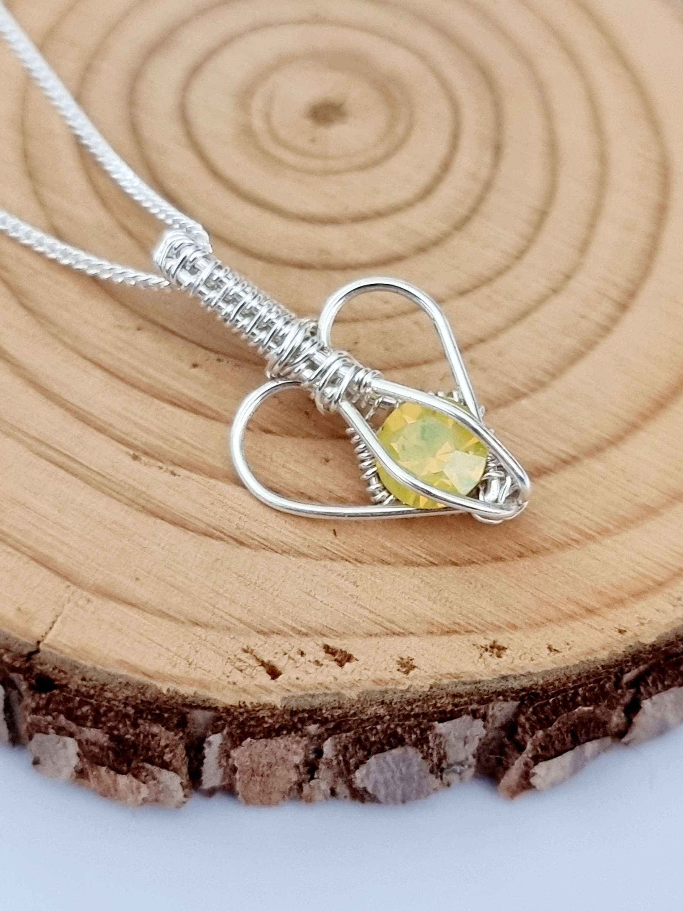 Wire wrapped yellow crystal heart necklace