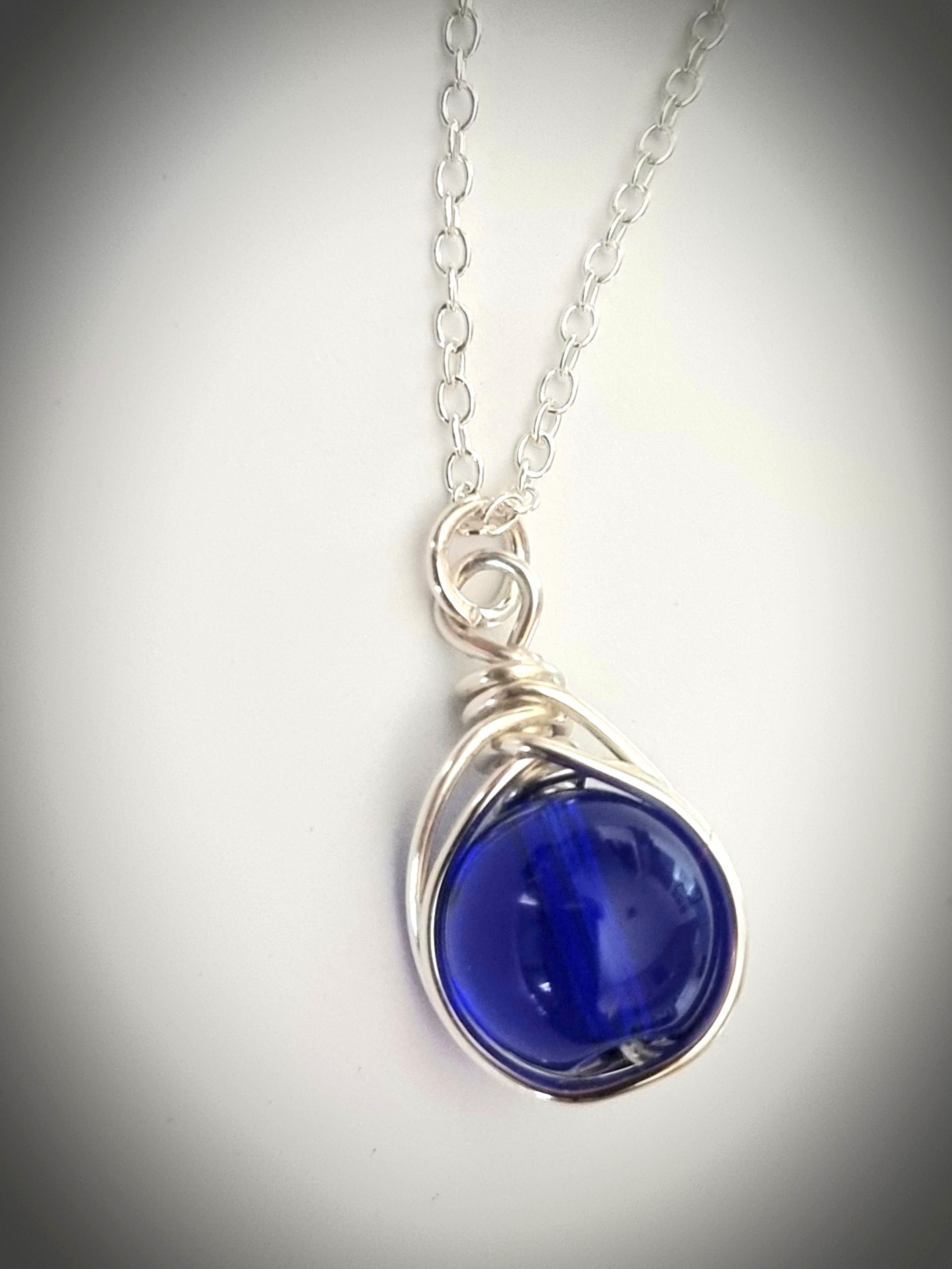 Sapphire blue glass wire wrapped necklace
