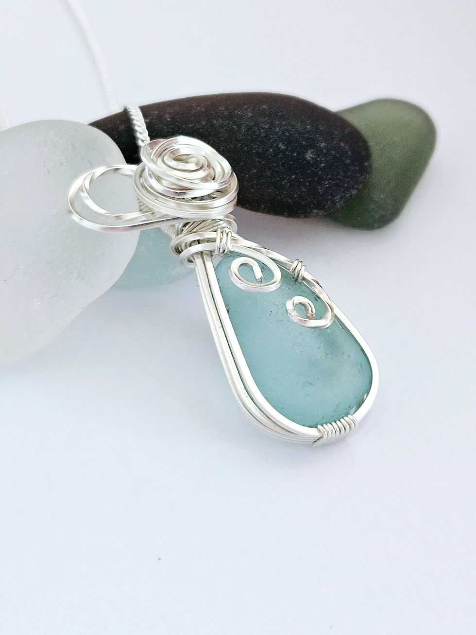 Thumbnail: Pale aqua wire wrapped sea glass pendant necklace 