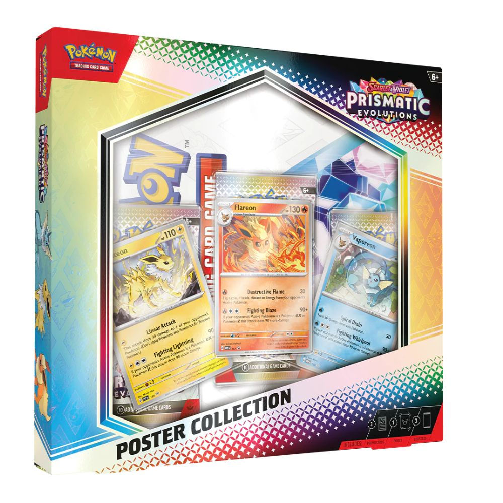 Pokémon poster collection box containing 3 Prismatic Evolutions booster packs, 3 promo cards (Vaporeon, Jolteon, Flareon)