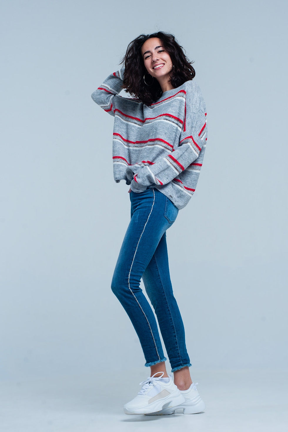 Thumbnail: Fringed Skinny Jeans With Strass Side Stripe