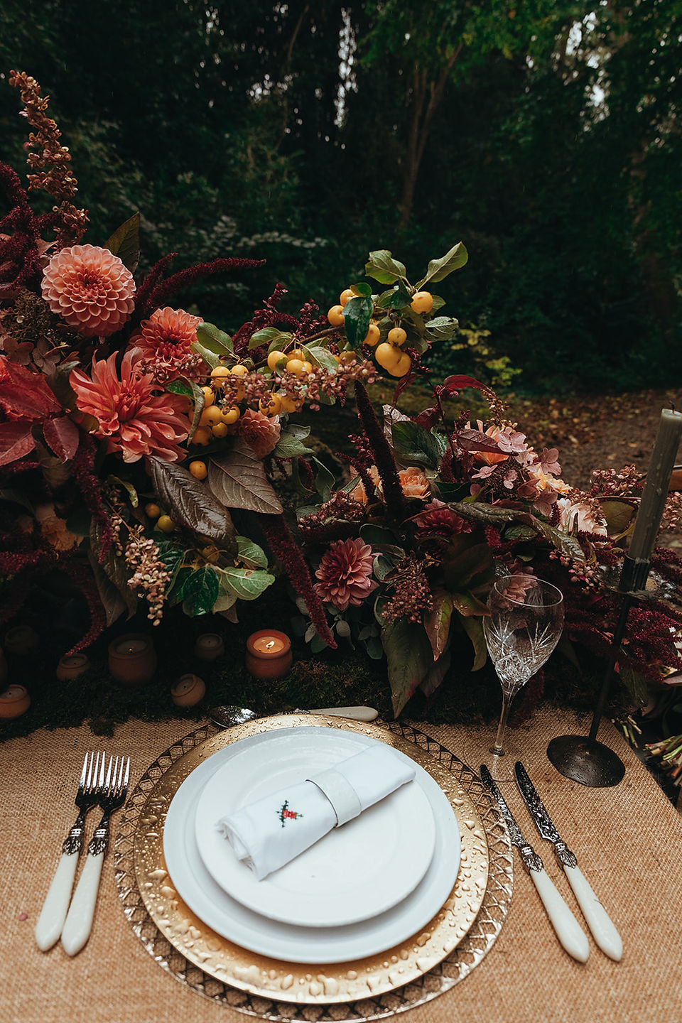 Woodland table with dahlias and seasonal blooms at Plas Newydd styled photoshoot by Ariel in Blue, f