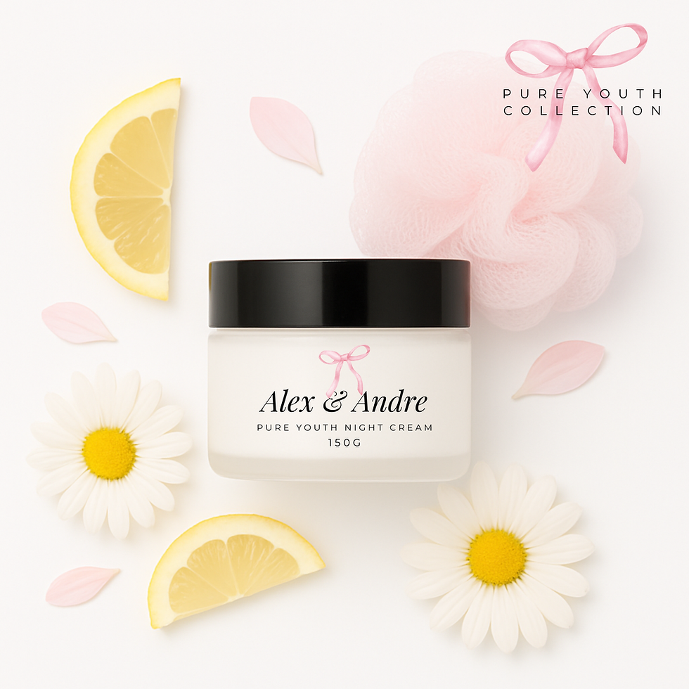 Pure Youth Night Cream in frosted glass jar with daisies and lemon slices on a white background