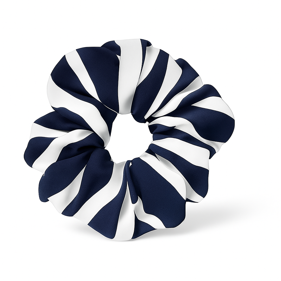 Navy and white striped swim safe waterproof scrunchie made from quick-dry fabric on a white background.