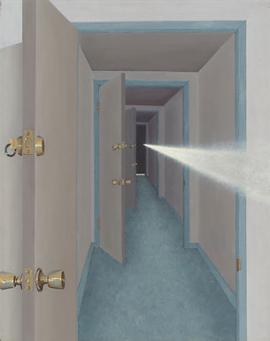 This painting depicts a surreal, dreamlike hallway lined with multiple doors on either side, each slightly ajar. A beam of light pierces through the open doors in a straight line, drawing the viewer’s eye into the distant darkness at the end of the corridor. The repetition of doors and the narrowing perspective create a sense of depth, mystery, and perhaps a symbolic journey or search for truth. 