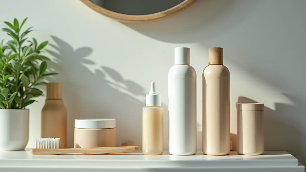 Eye-level view of a bathroom shelf with various natural oral care products