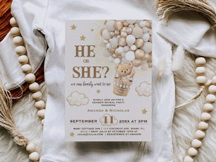 Hot Review! He or She Gender Reveal Teddy Bear Balloons Invitation