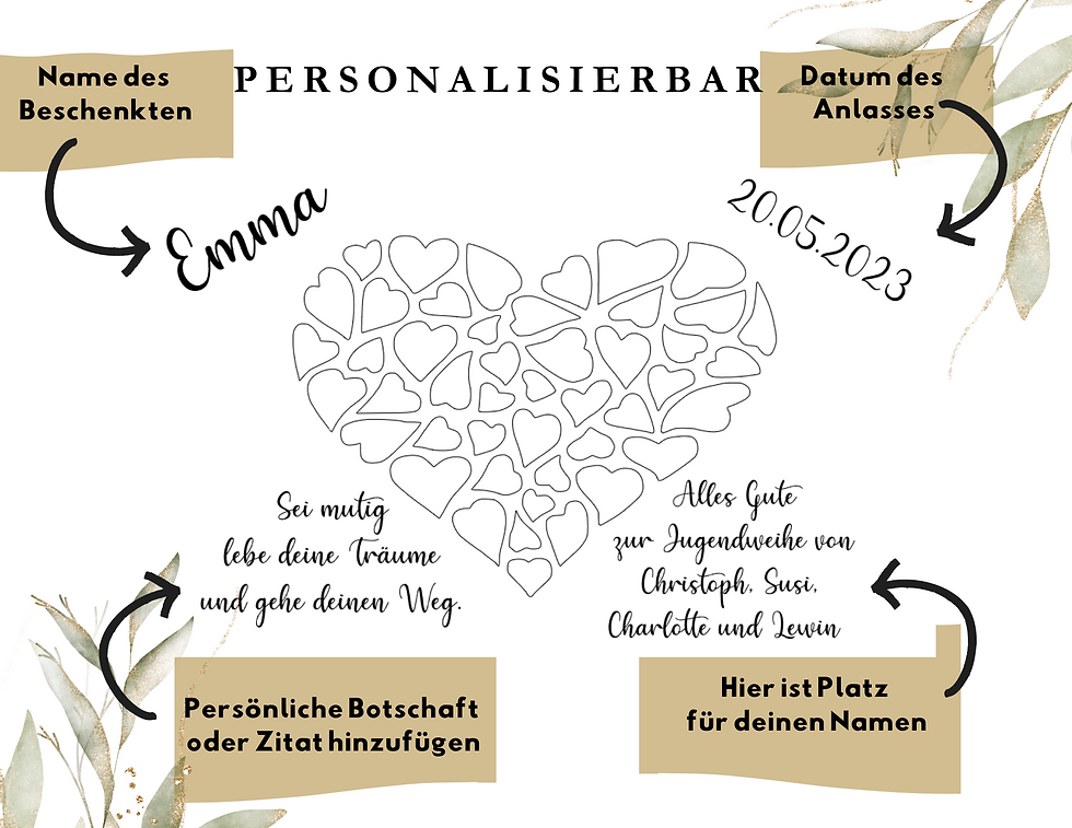 Vorlage für ein personalisierbares Geschenk mit Herzdesign, Textfeldern für Namen und Daten, und Platz für persönliche Botschaften. Goldene und grüne Akzente verleihen Eleganz.
