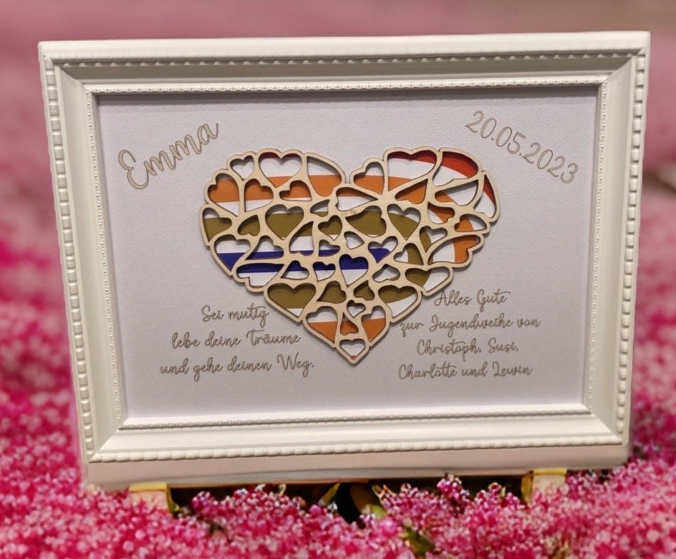 Personalisiertes Gedenkbild mit Herzmotiv, aufgestellt auf einem Bett aus rosa Blüten. Der Bilderrahmen enthält den Namen Emma, der besonder Datum und eine liebevolle Botschaft in deutscher Sprache, umgeben von einem gepflegten Garten.