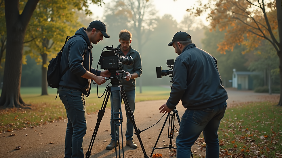 High angle view of film crew setting up camera equipment outdoors