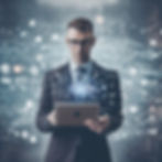 Man in suit holding tablet with digital network overlay, standing against a futuristic tech-themed background, focused expression.
