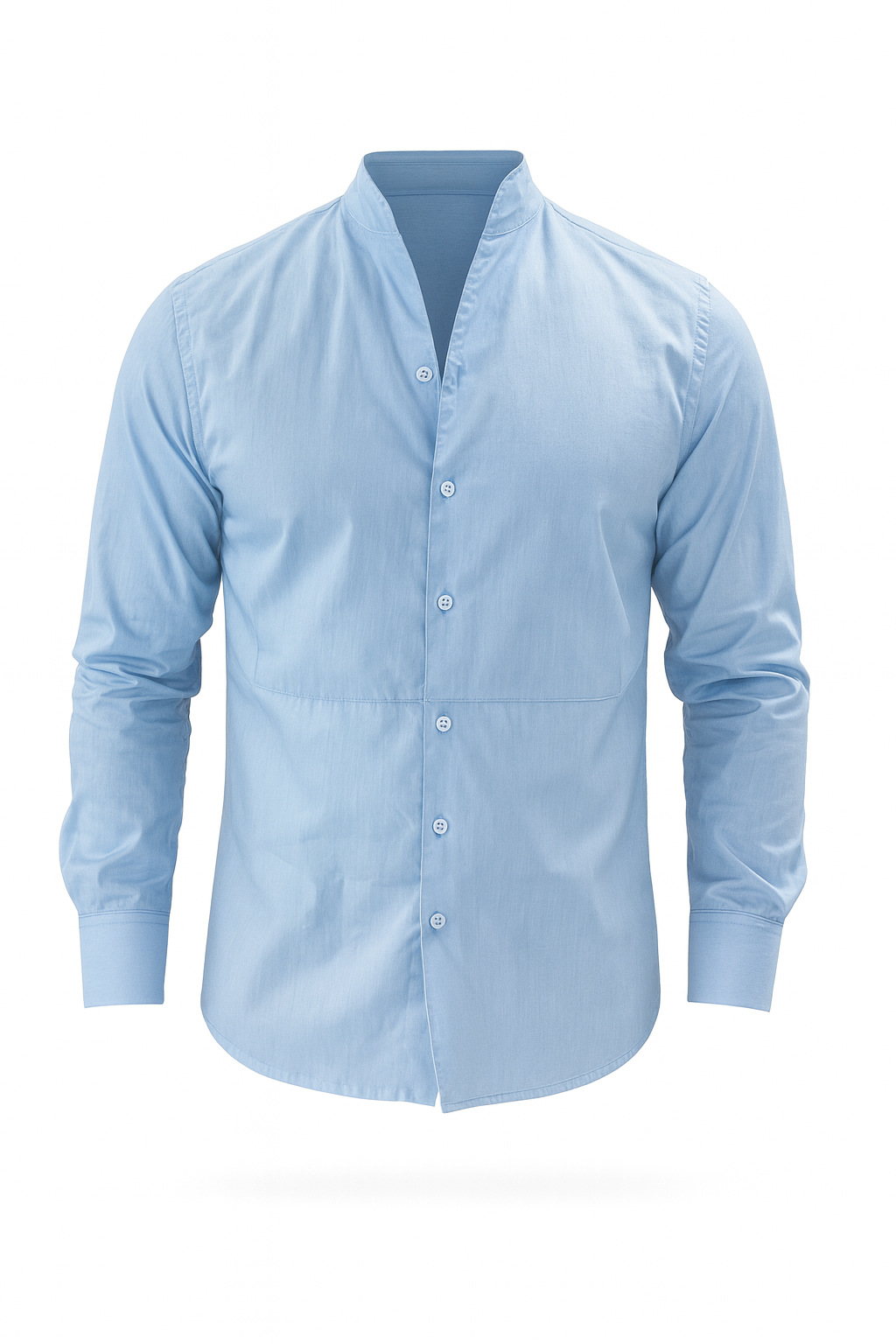 חולצה מכופתרת כחולה בהירה, צווארון סיני אלגנטי, בד איכותי, על רקע לבן.