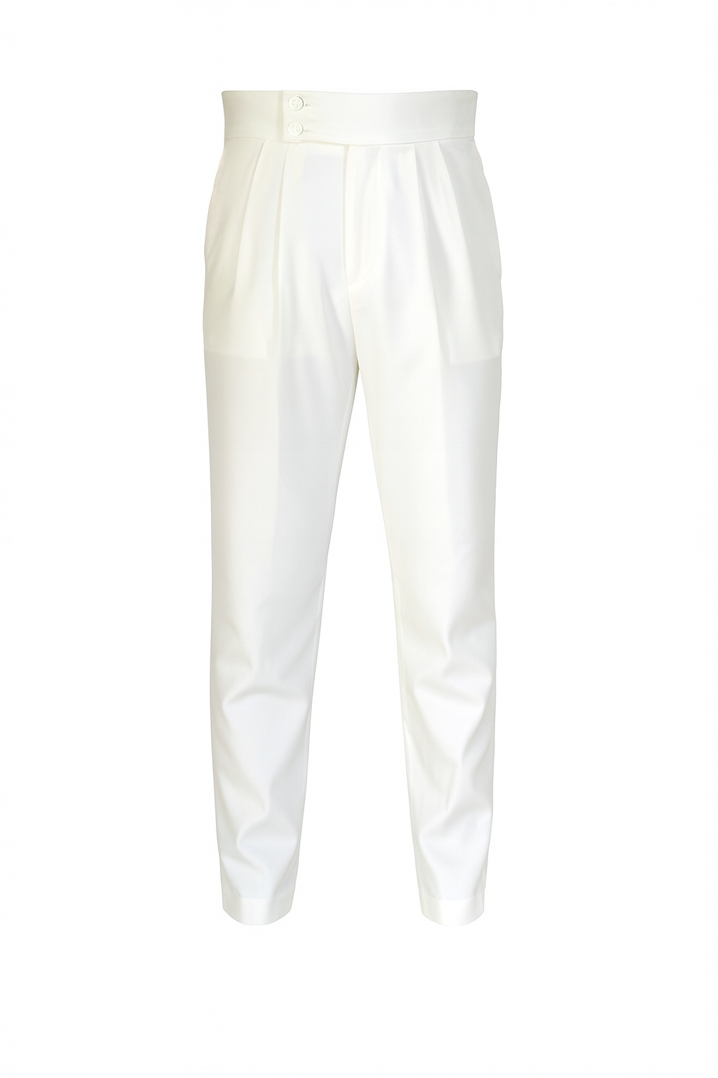 מכנסיים לבנים אלגנטיים, קפלים בחזית, סגנון מחויט, מראה נקי ואופנתי.