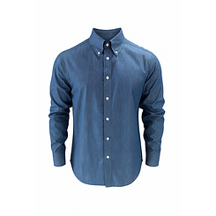 חולצת ג'ינס כחולה מכופתרת כפתורים לבנים על רקע לבן. HOME