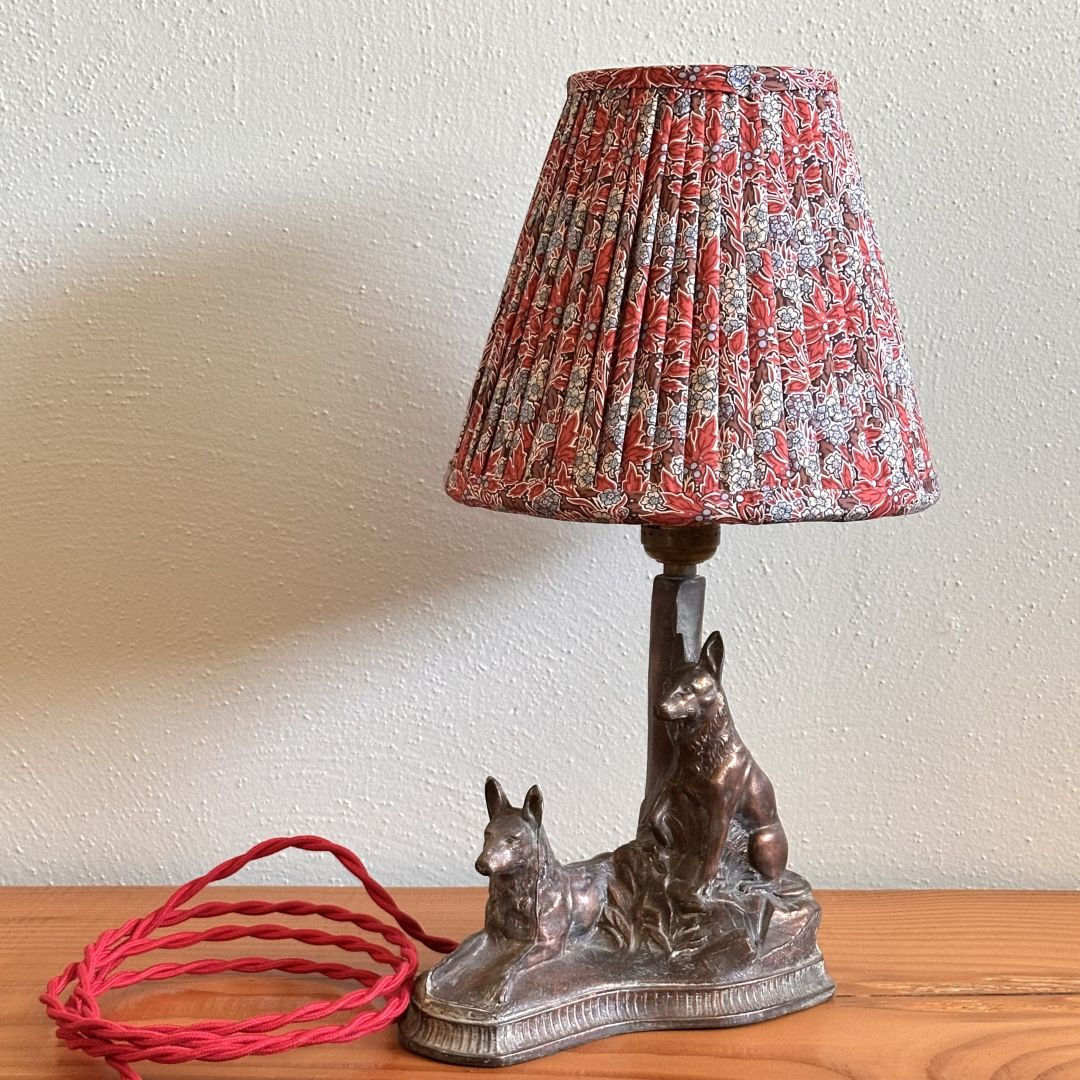 Bronze Shepherds Lamp with Burgundy and Light Blue Pleated Lampshade